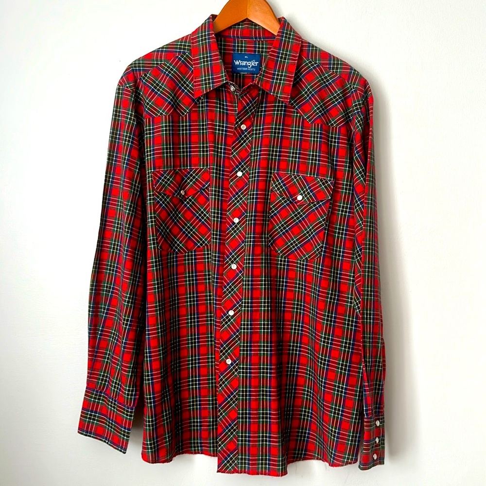 WRANGLER MEN'S RED PLAID LONG SLEEVE WESTERN SNAP SHIRT size XL